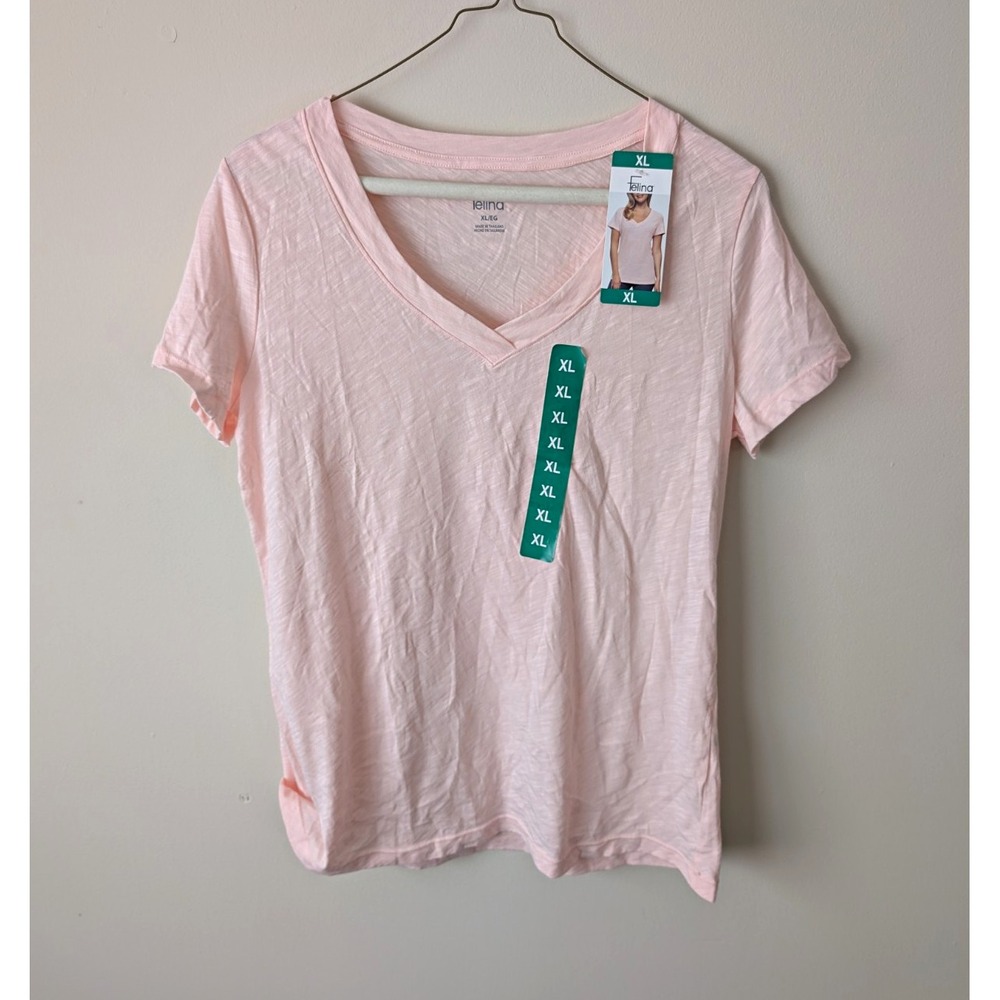 Felina T-Shirt Women's XL Pink Short Sleeve V-Neck Knit Solid Pullover NWT